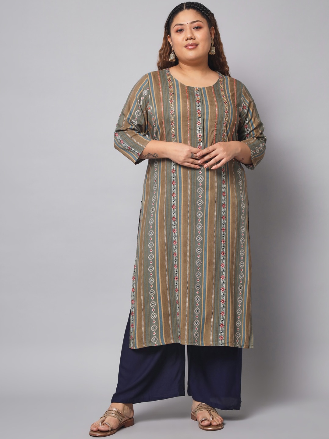 

Nehamta Women Brown & Grey Floral Printed Sequined Kurta