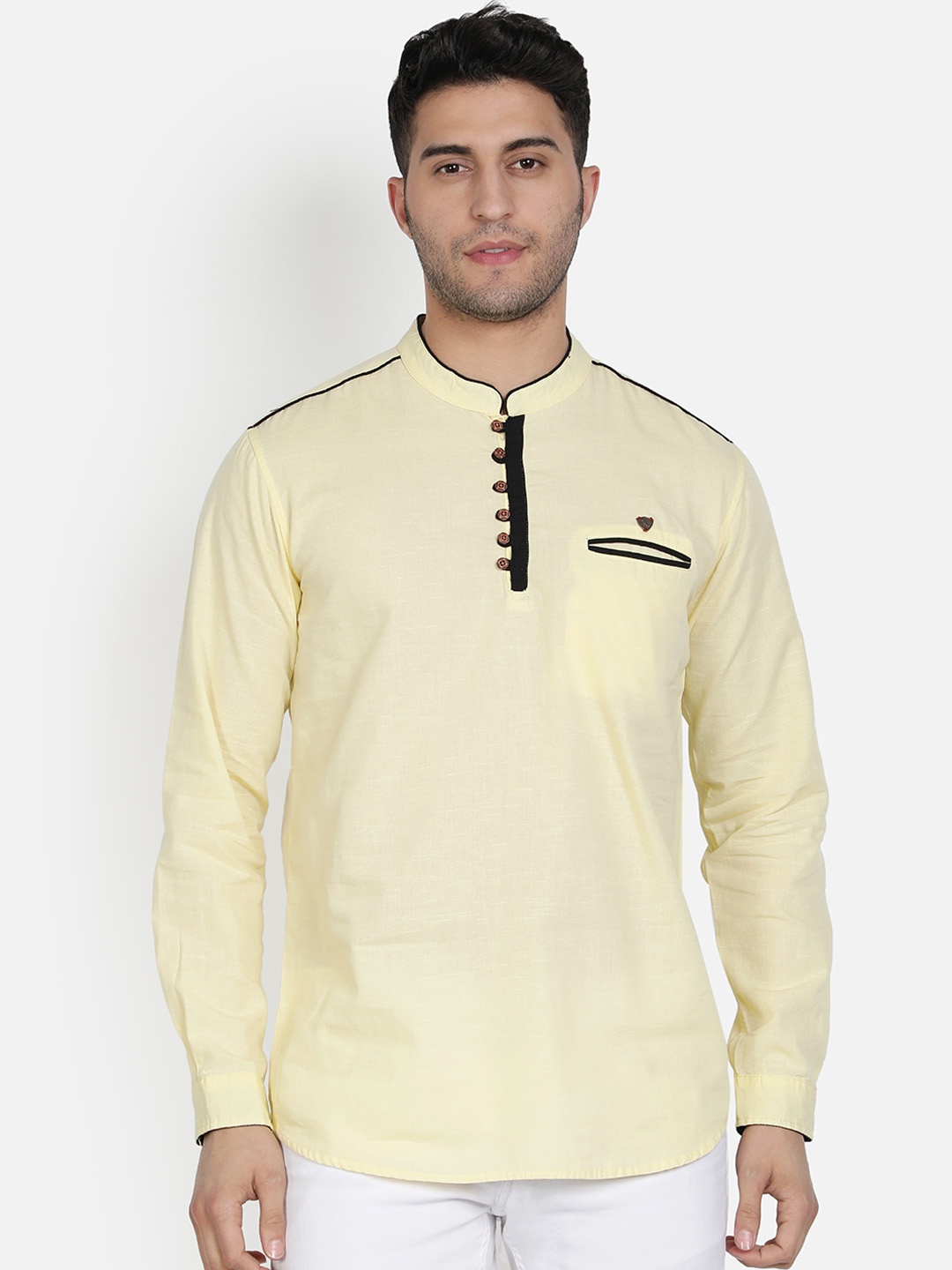 

Kuons Avenue Pastels Curved Hem Linen Kurta with Pocket Detail, Yellow