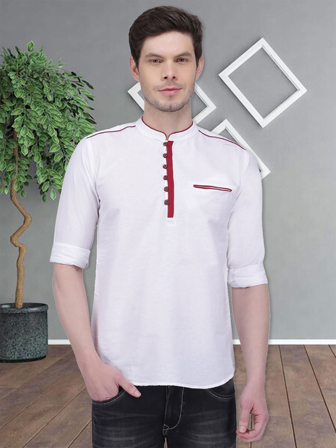 

Kuons Avenue Curved Hem Linen Straight Regular Kurta with Pocket Detail, White