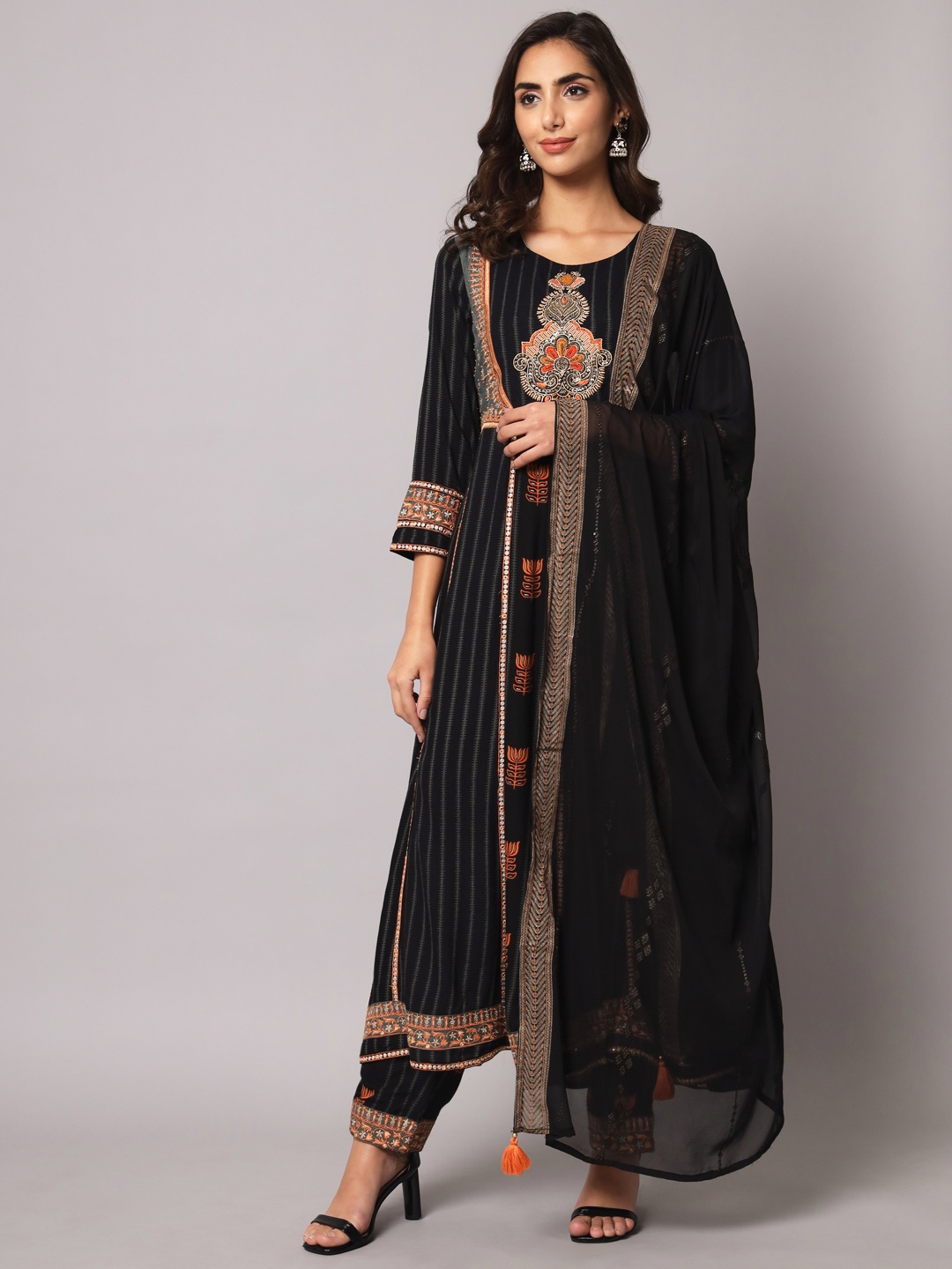 

Nehamta Women Embroidered Panelled Thread Work Kurta With Trousers & Dupatta, Black