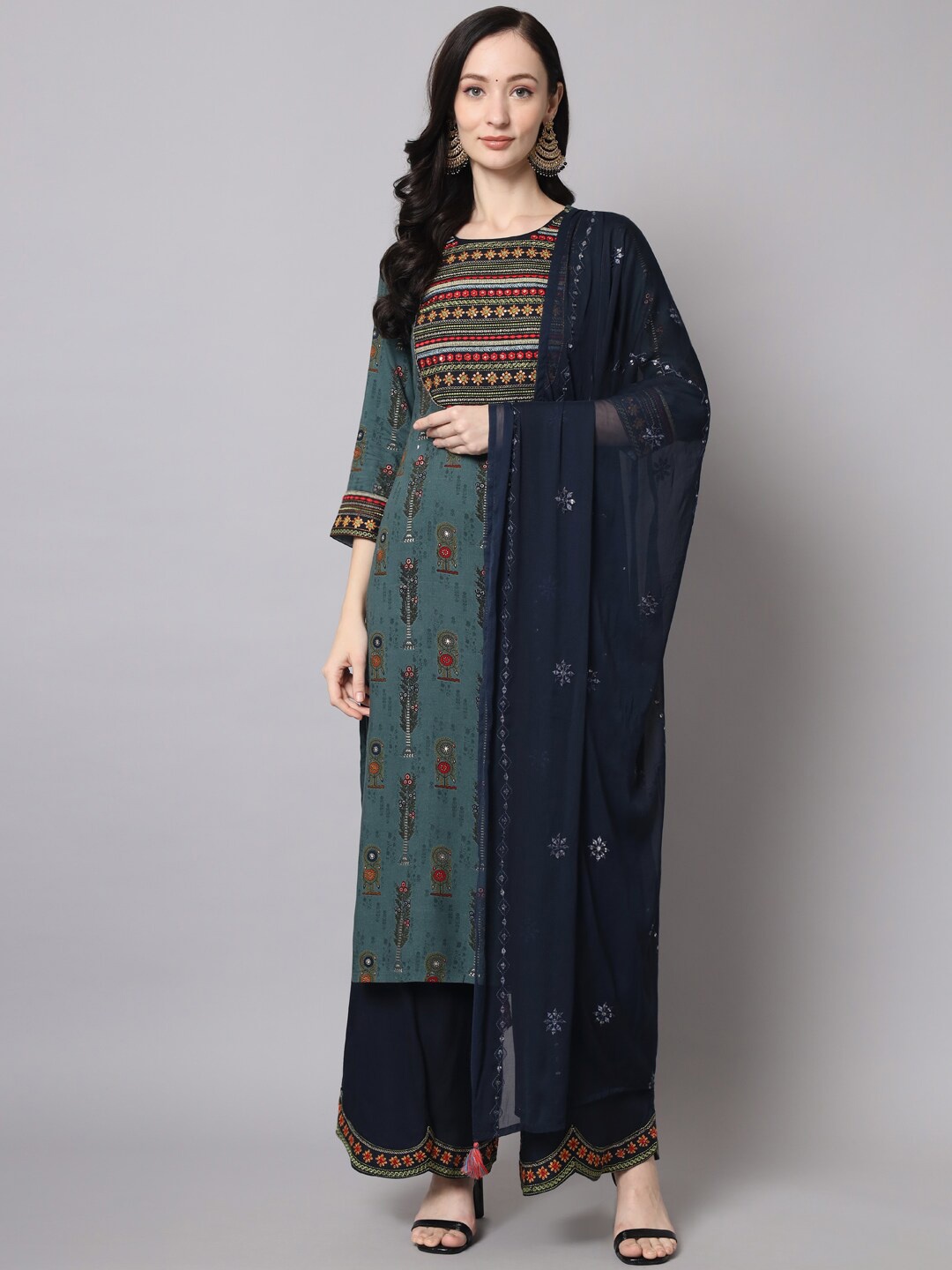 

Nehamta Women Green Floral Embroidered Kurta with Palazzos & With Dupatta