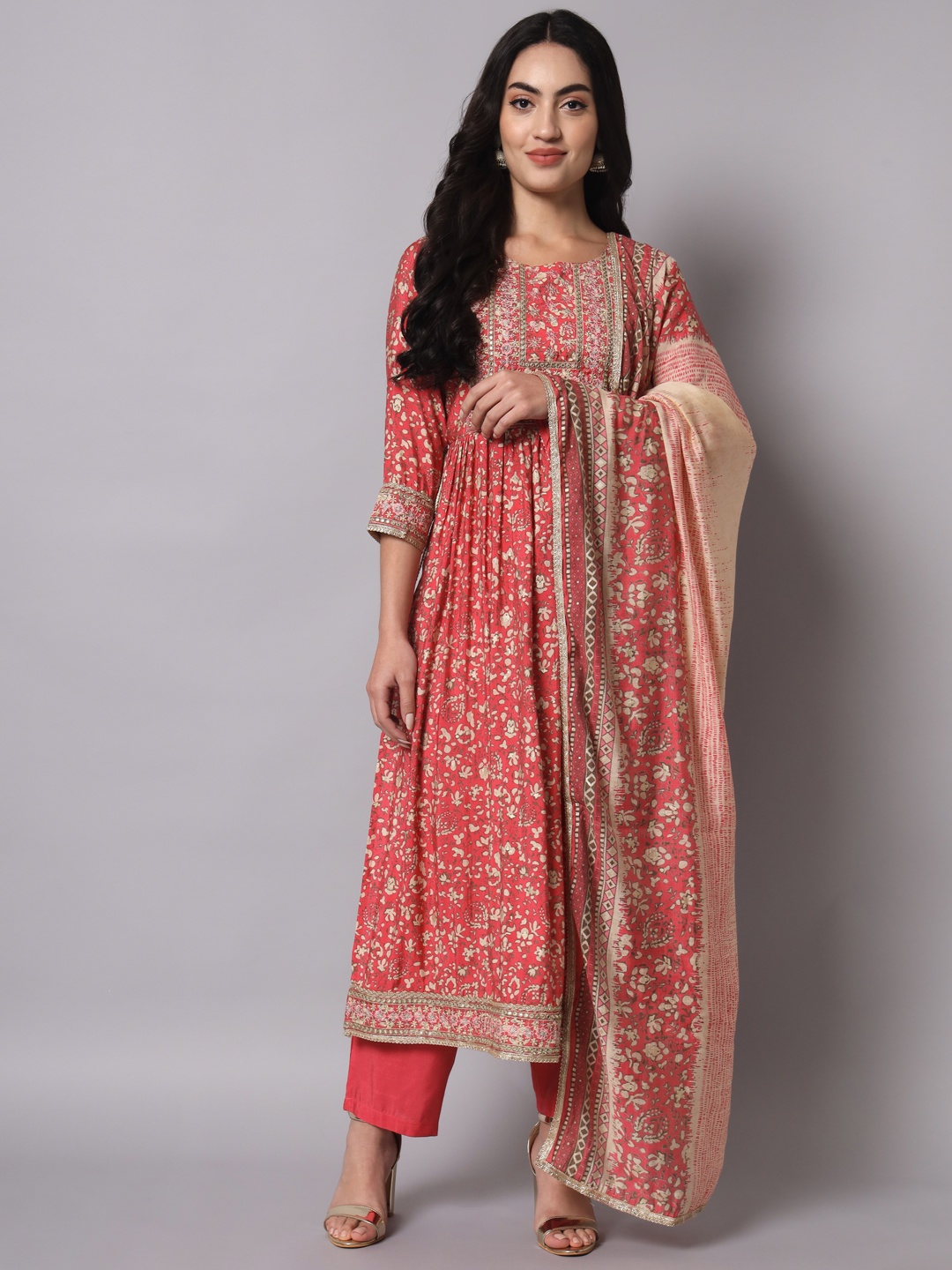 

Nehamta Embroidered A-Line Kurta with Trousers & With Dupatta, Pink