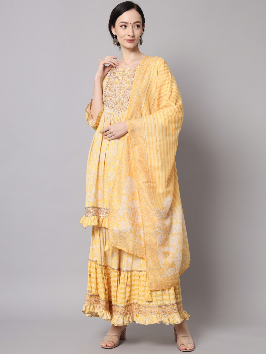 

Nehamta Embroidered A-Line Kurta with Sharara & With Dupatta, Yellow