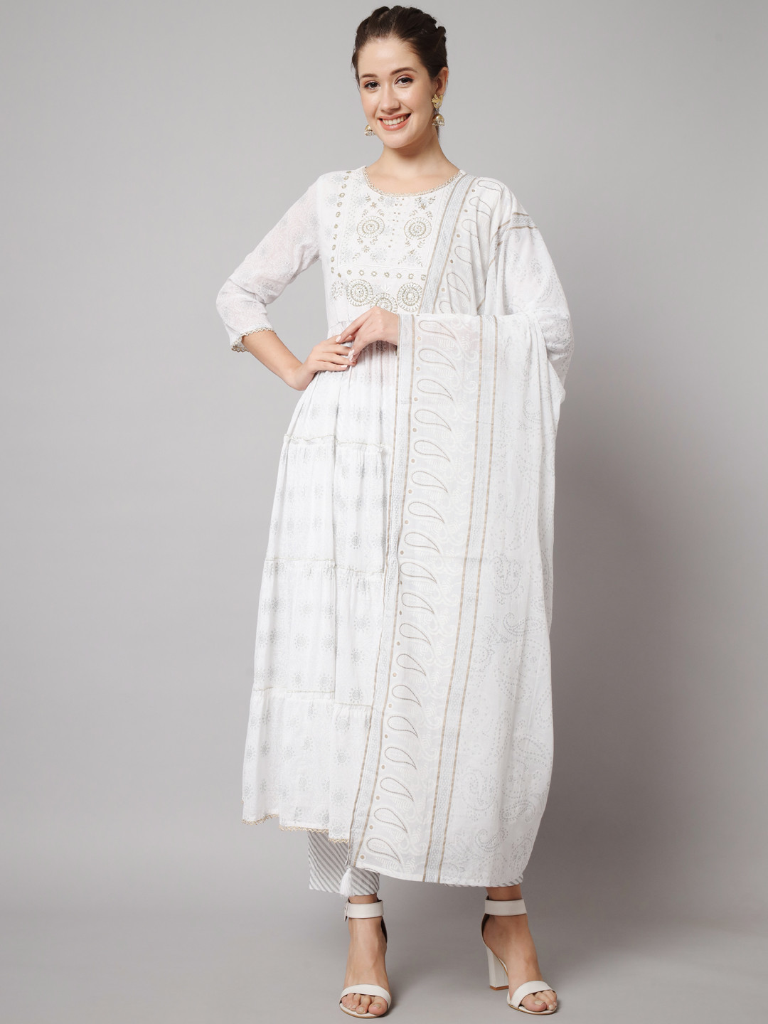 

Nehamta Embroidered Anarkali Kurta with Trousers & With Dupatta, White