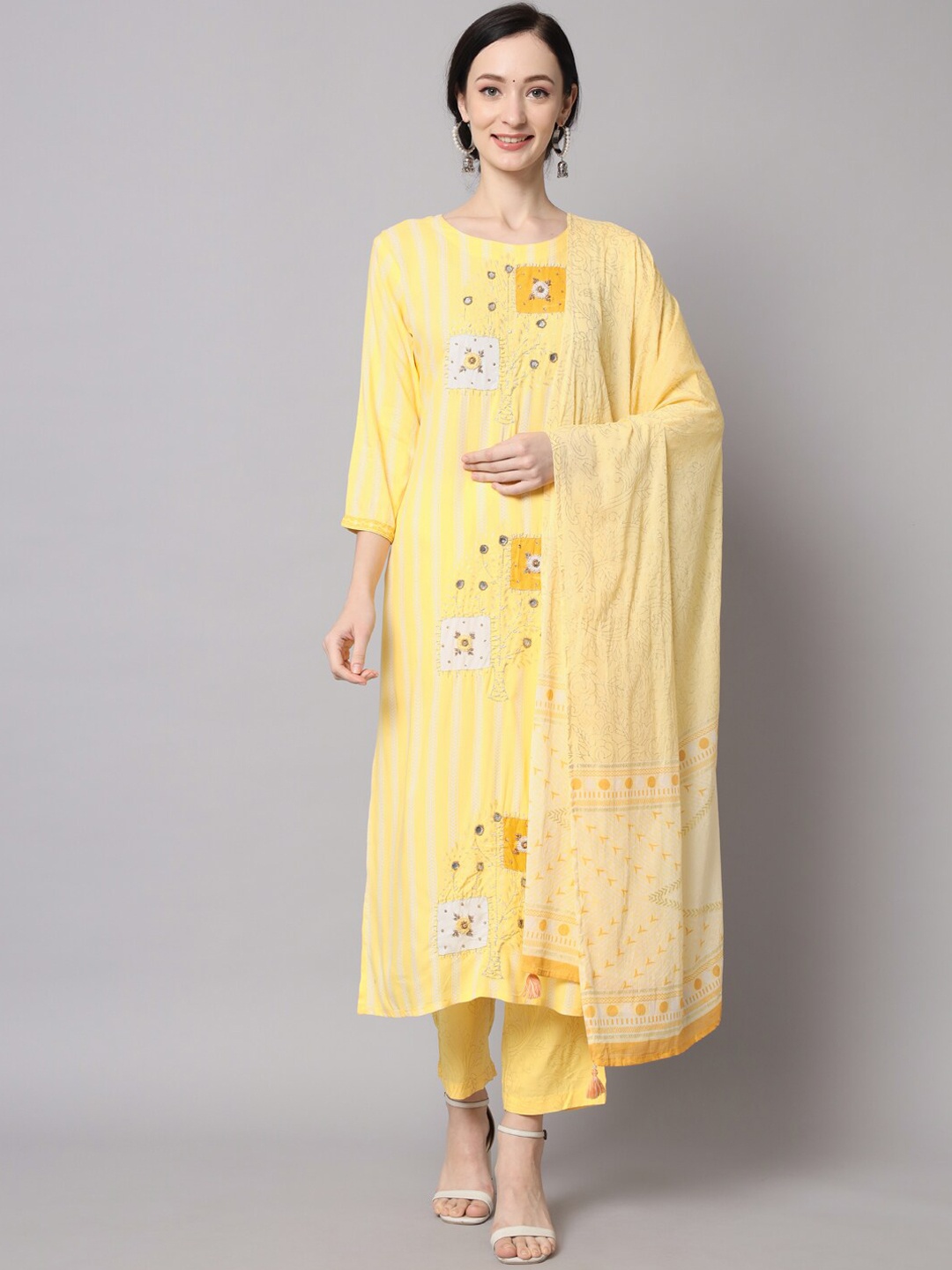 

Nehamta Embroidered Straight Kurta with Trousers & With Dupatta, Yellow