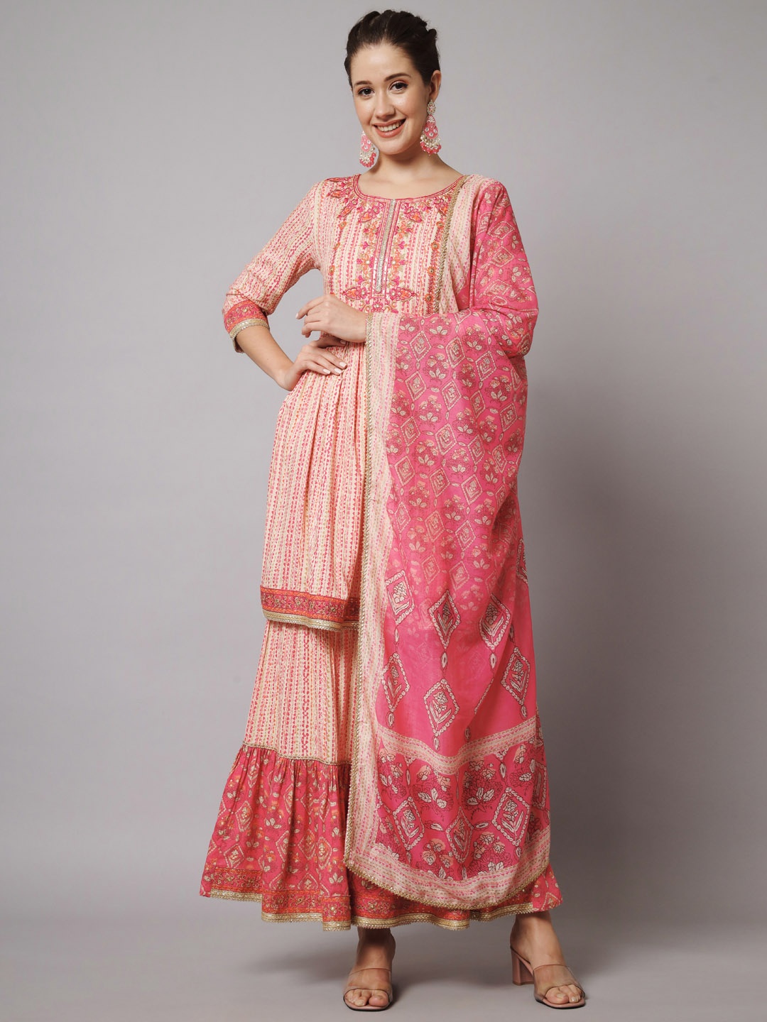 

Nehamta Embroidered A-Line Kurta with Sharara & With Dupatta, Off white