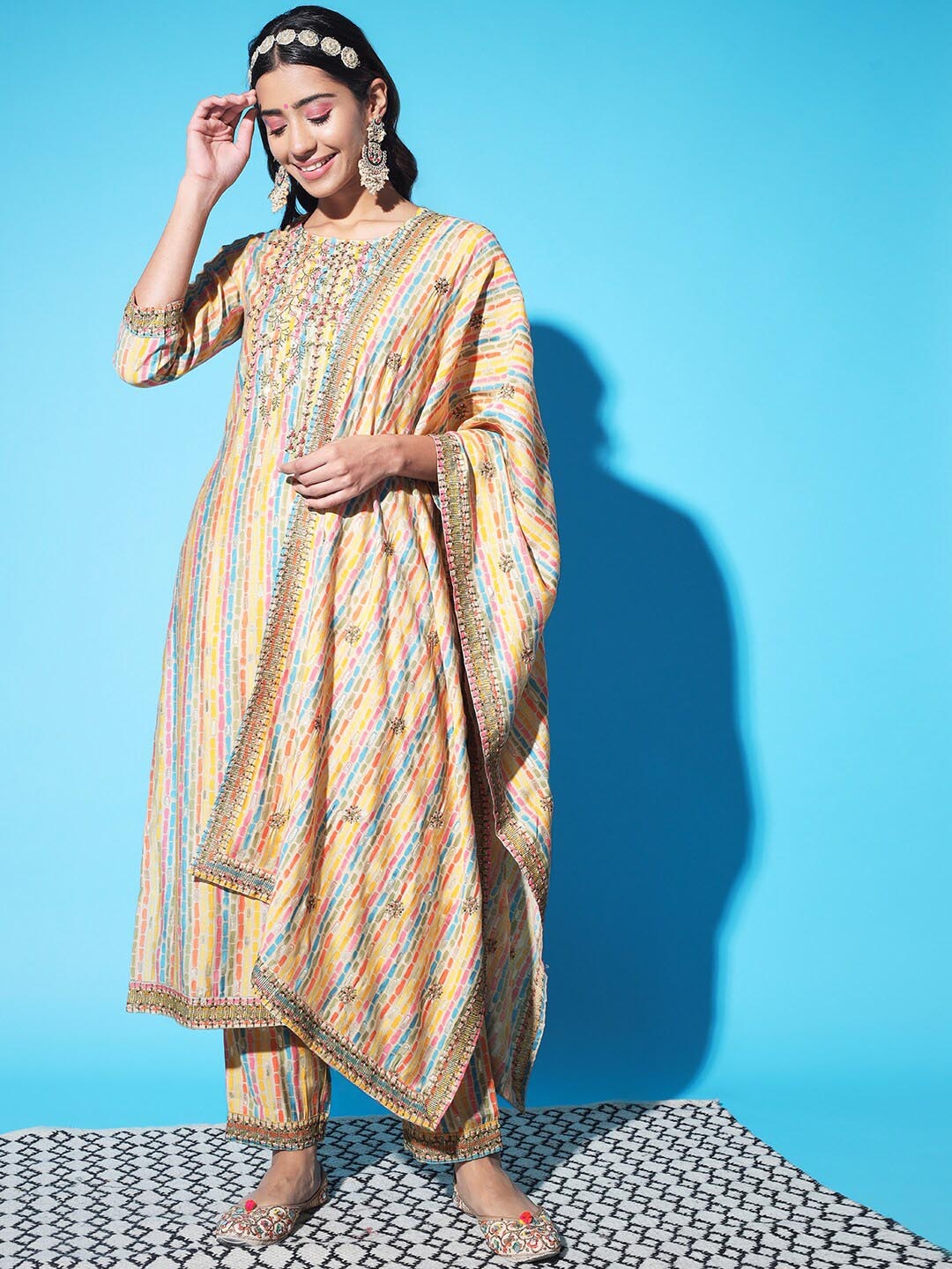 

Nehamta Embroidered Straight Kurta with Trousers & With Dupatta, Yellow