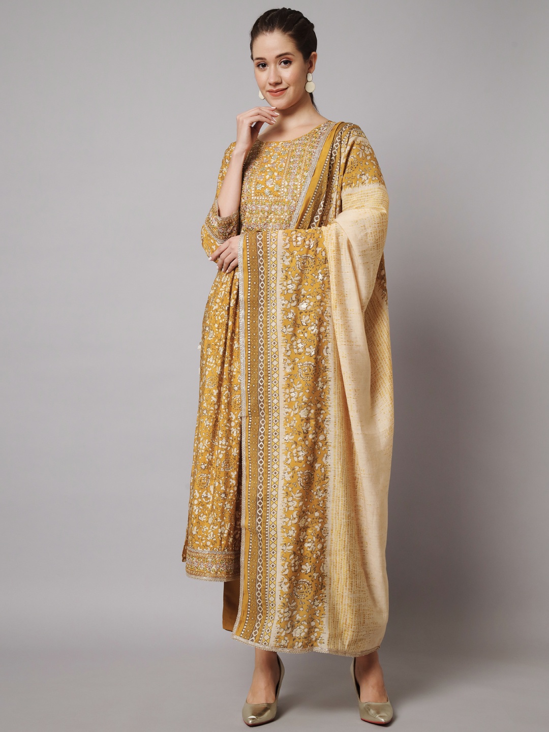 

Nehamta Embroidered A-Line Kurta with Trousers & With Dupatta, Olive