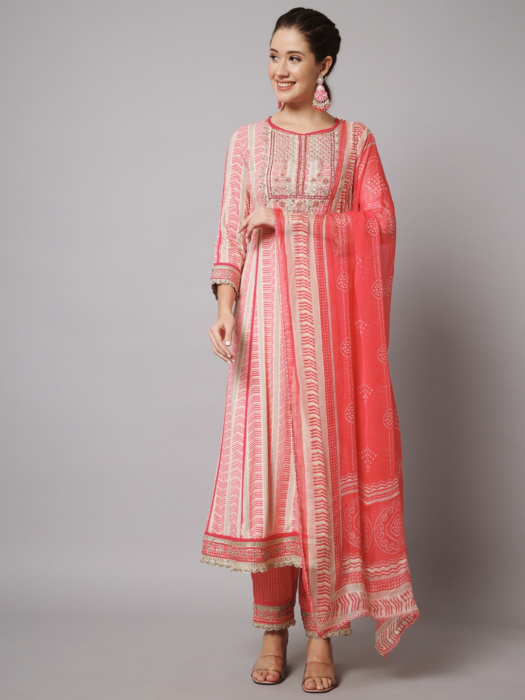 

Nehamta Embroidered Anarkali Kurta with Trousers & With Dupatta, Pink