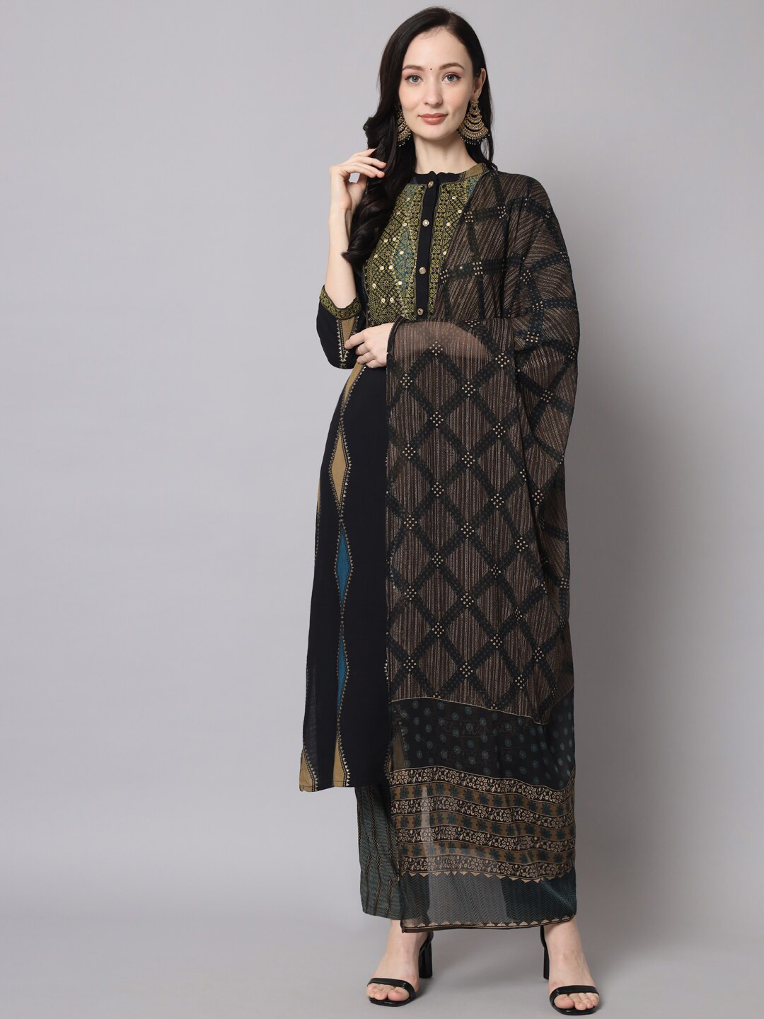 

Nehamta Women Black Embroidered Thread Work Kurta with Trousers & With Dupatta