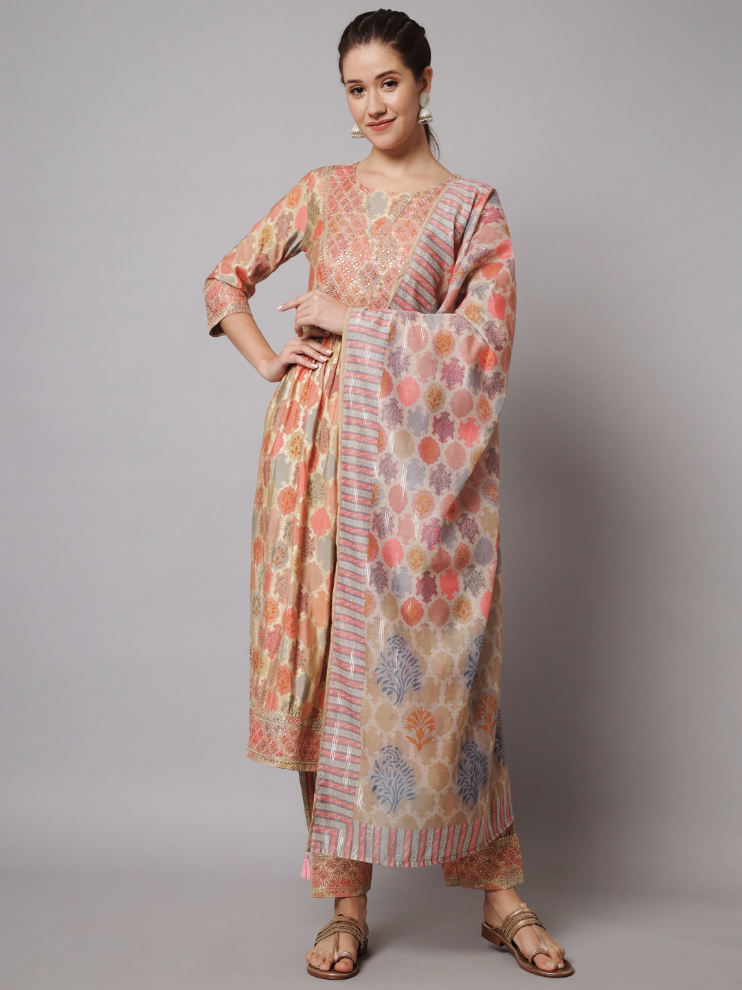 

Nehamta Embroidered A-Line Kurta with Trousers & With Dupatta, Peach