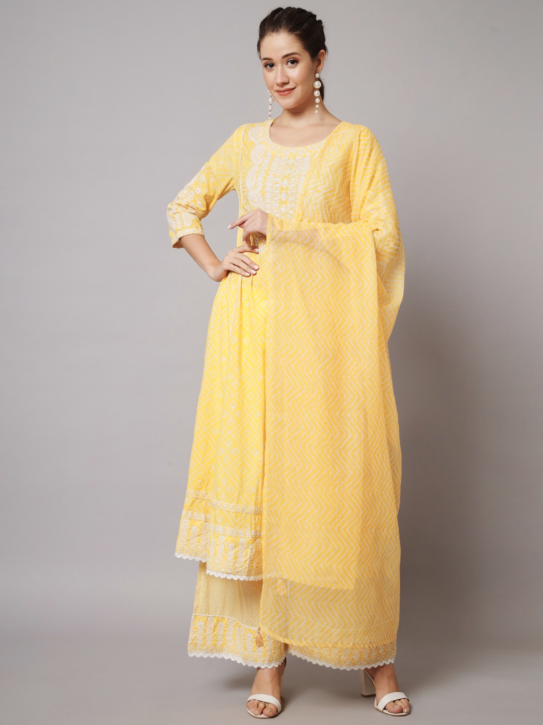 

Nehamta Embroidered Anarkali Kurta with Palazzos & With Dupatta, Yellow
