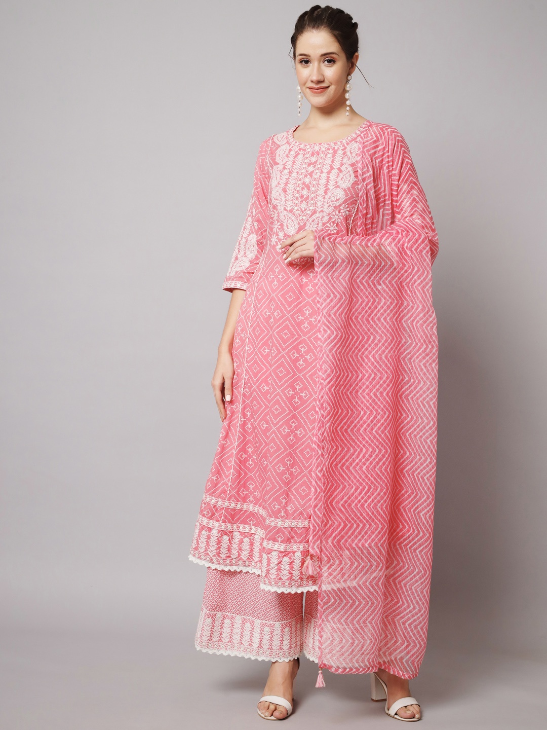 

Nehamta Embroidered Anarkali Kurta with Palazzos & With Dupatta, Pink
