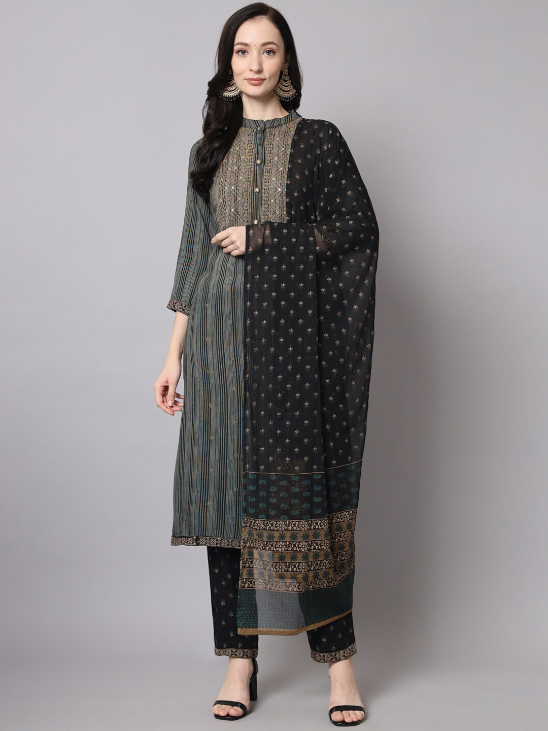 

Nehamta Printed Thread Work Kurta with Trousers & With Dupatta, Teal