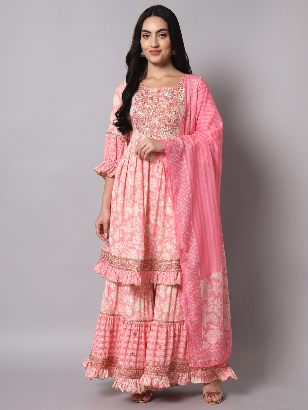 

Nehamta Floral Embroidered Gotta Patti Kurta with Sharara & With Dupatta, Pink