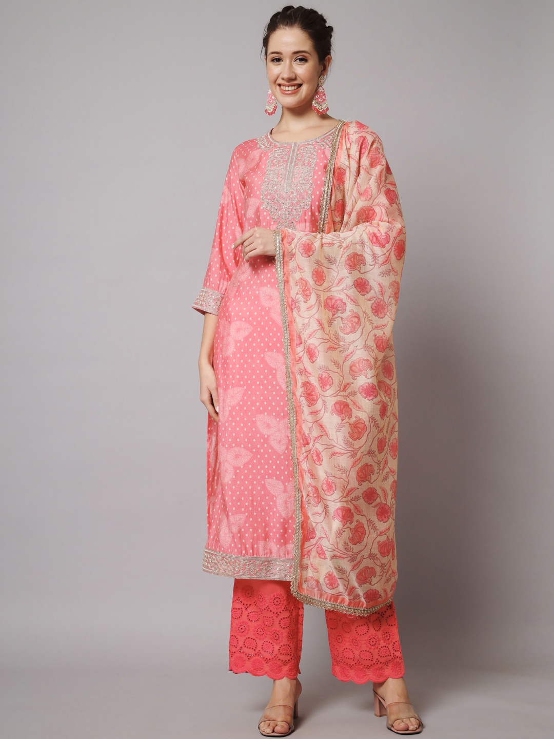 

Nehamta Ethnic Motifs Embroidered Thread Work Kurta with Trousers & With Dupatta, Pink