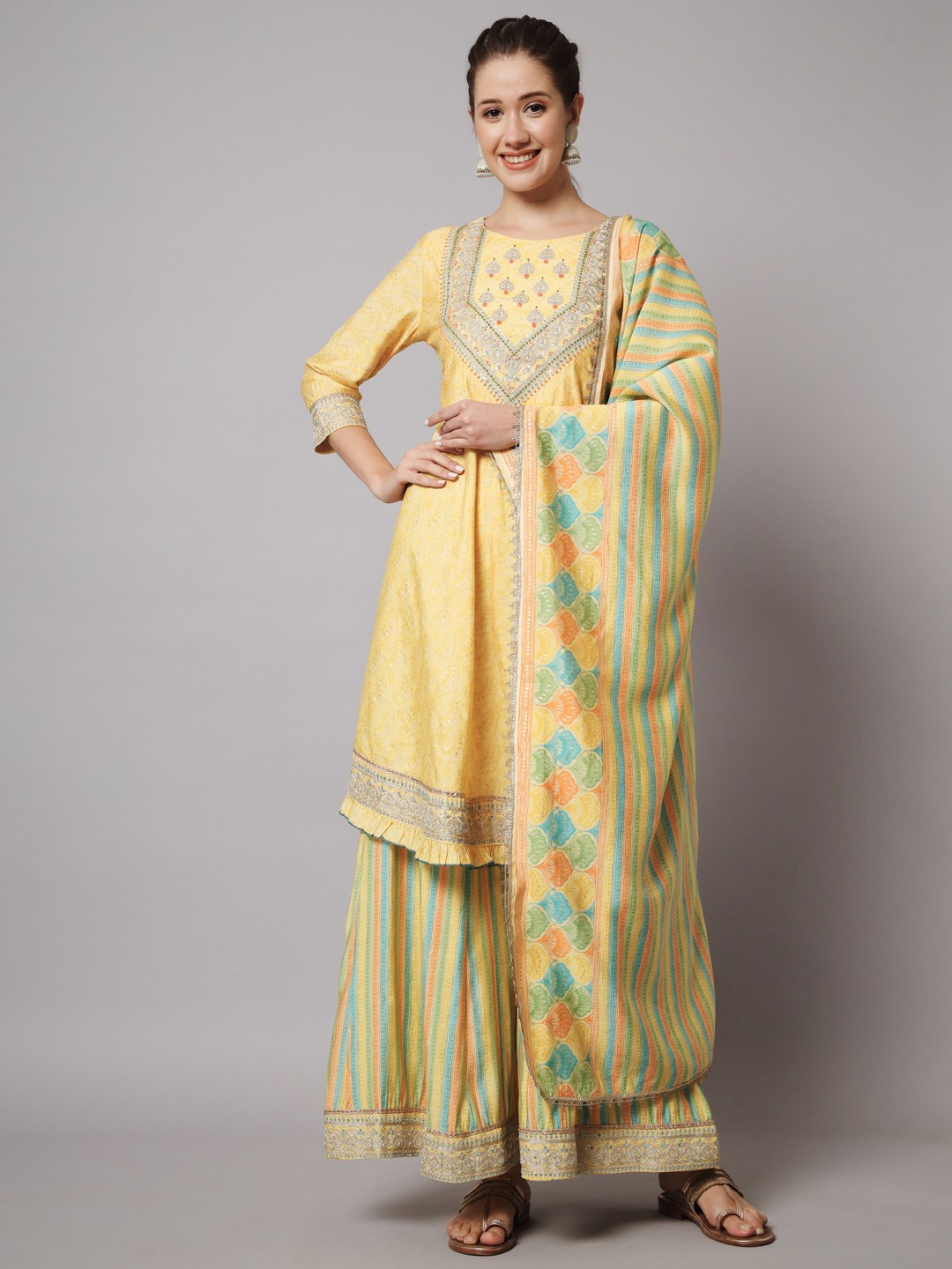 

Nehamta Ethnic Motifs Embroidered Thread Work Kurta with Palazzos & With Dupatta, Yellow