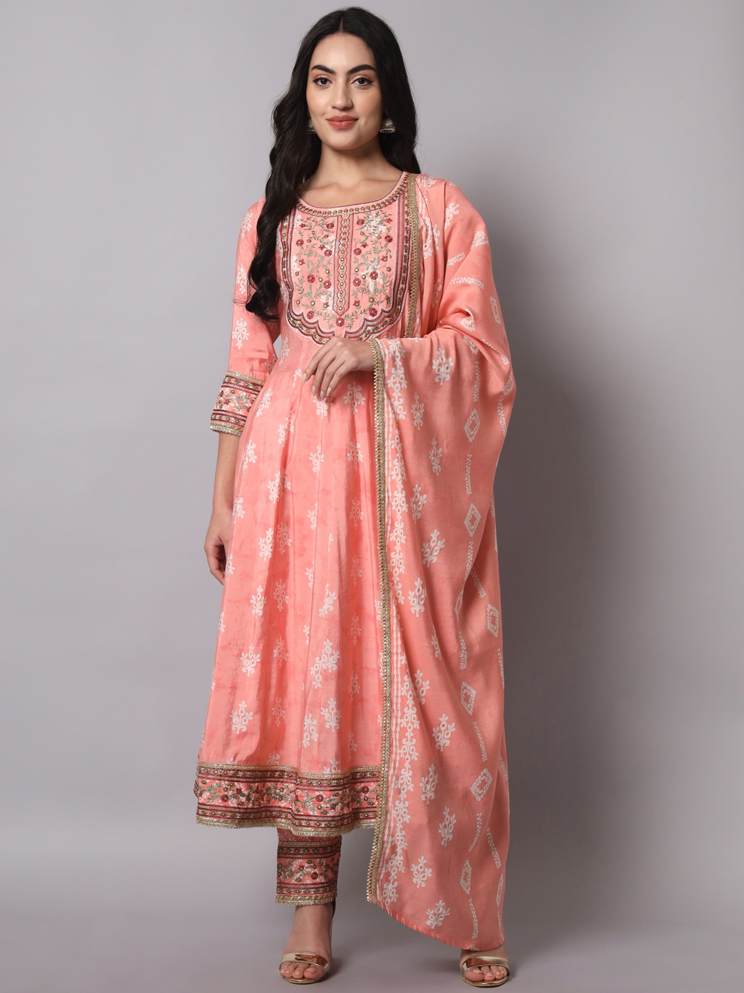 

Nehamta Ethnic Motifs Embroidered Gotta Patti Kurta with Trousers & With Dupatta, Pink