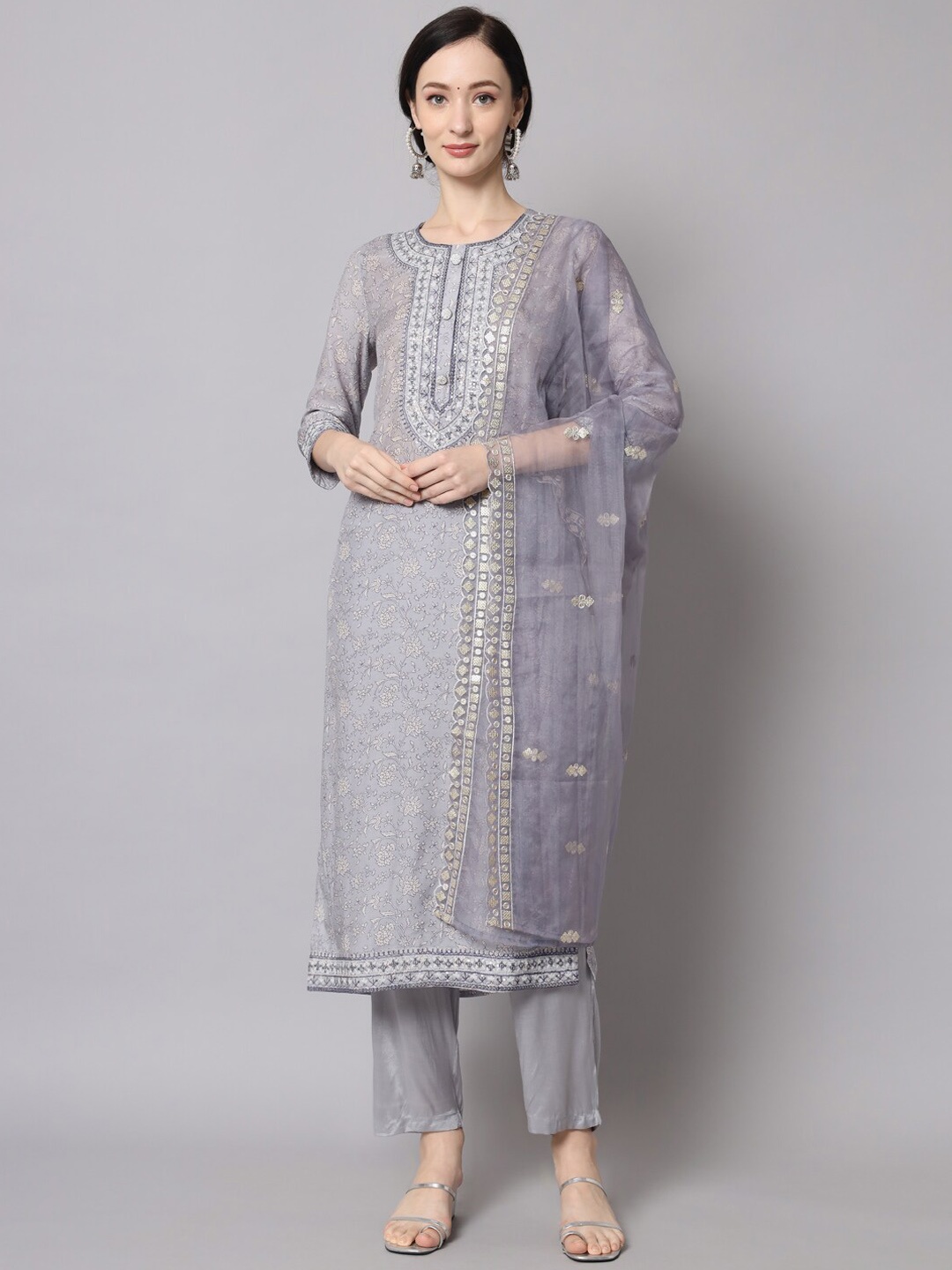 

Nehamta Floral Embroidered Thread Work Kurta with Trousers & With Dupatta, Grey