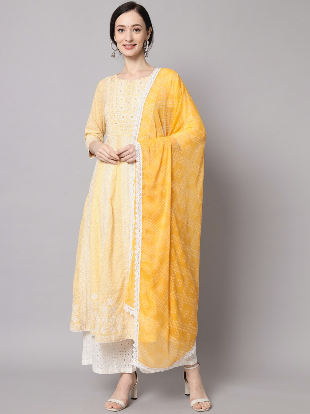 

Nehamta Floral Embroidered Thread Work Kurta with Palazzos & With Dupatta, Yellow