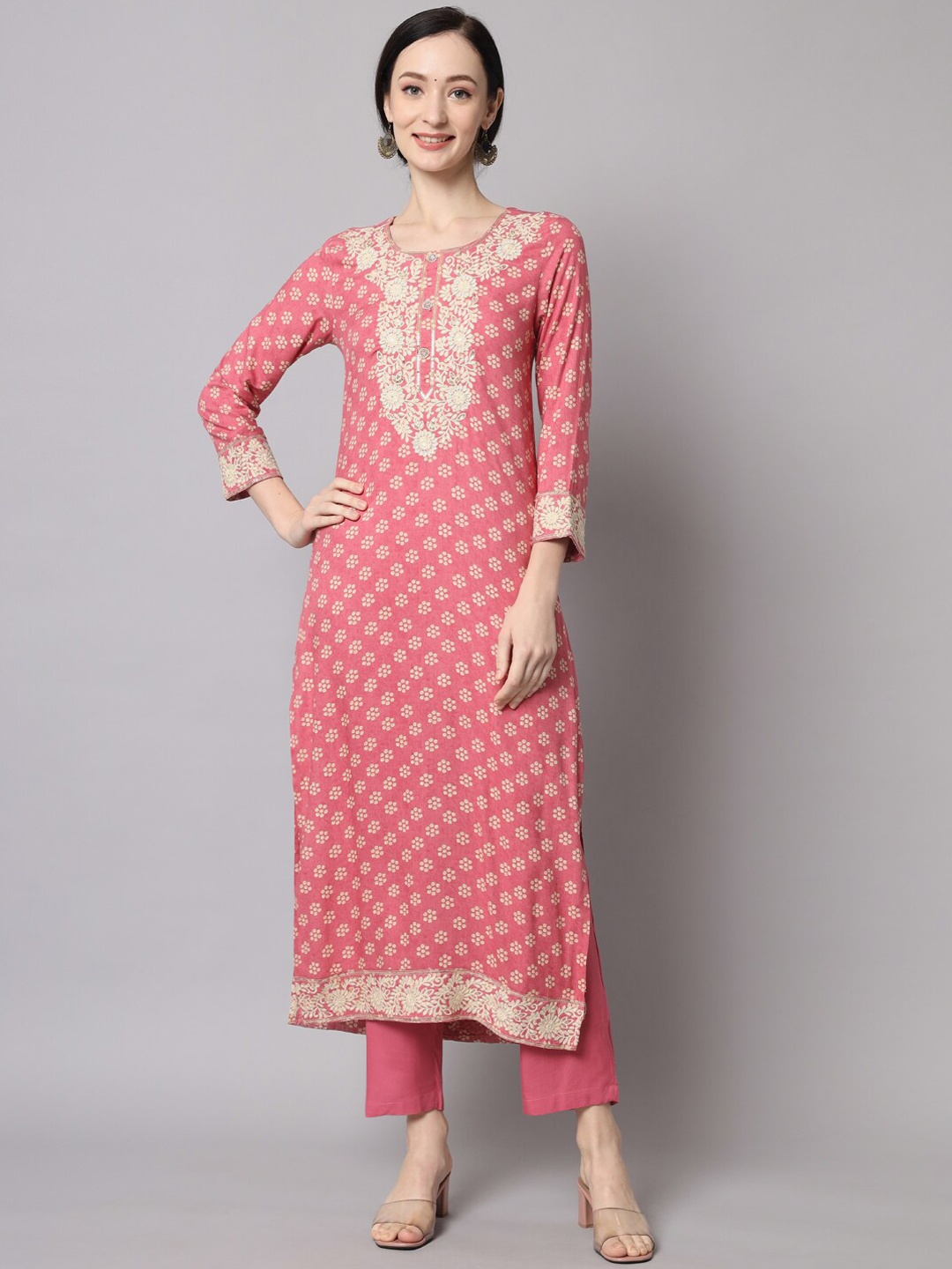 

Nehamta Floral Embroidered Sequinned Kurta with Trousers, Pink