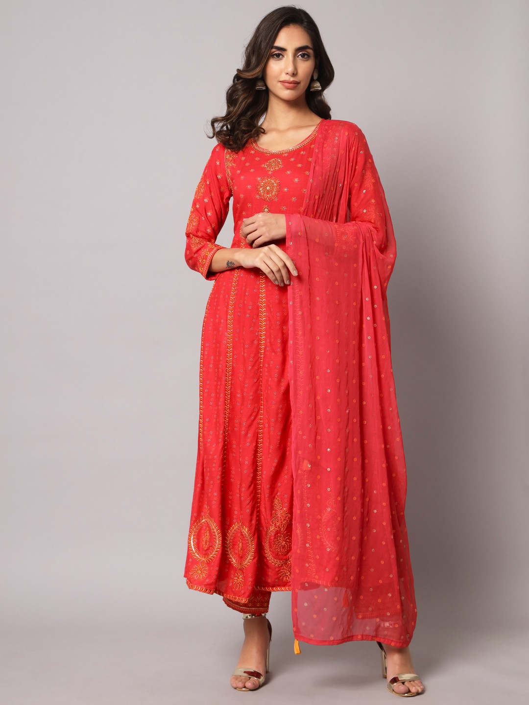 

Nehamta Women Ethnic Motifs Embroidered Beads and Stones Kurta with Trouser & With Dupatta, Pink