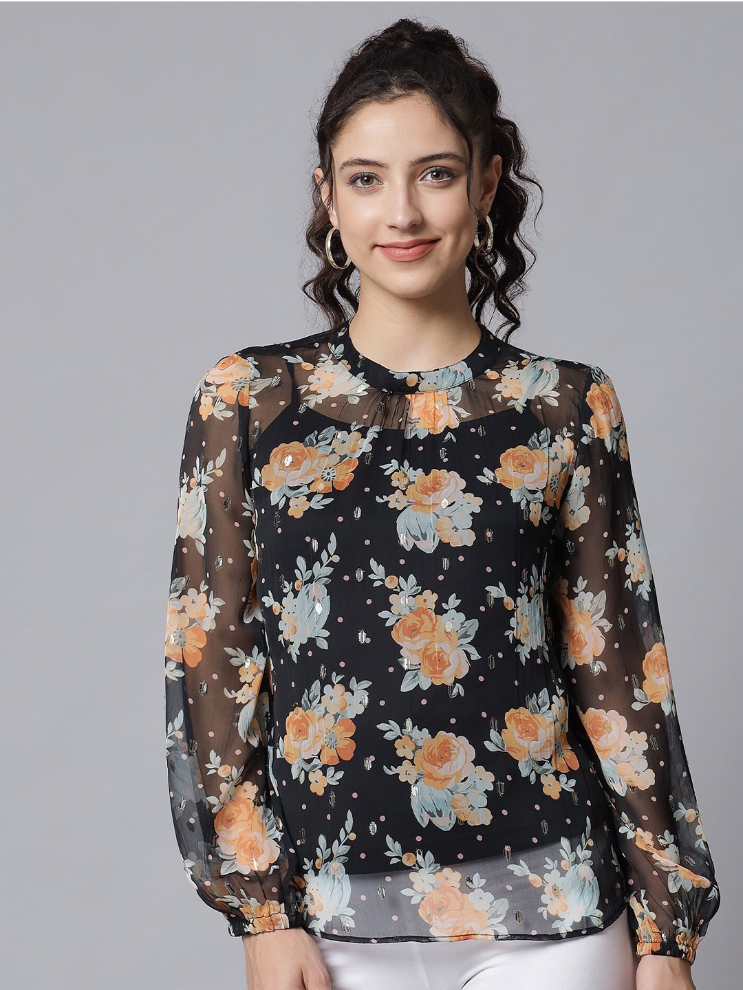 

Beatnik Floral Printed Top, Black