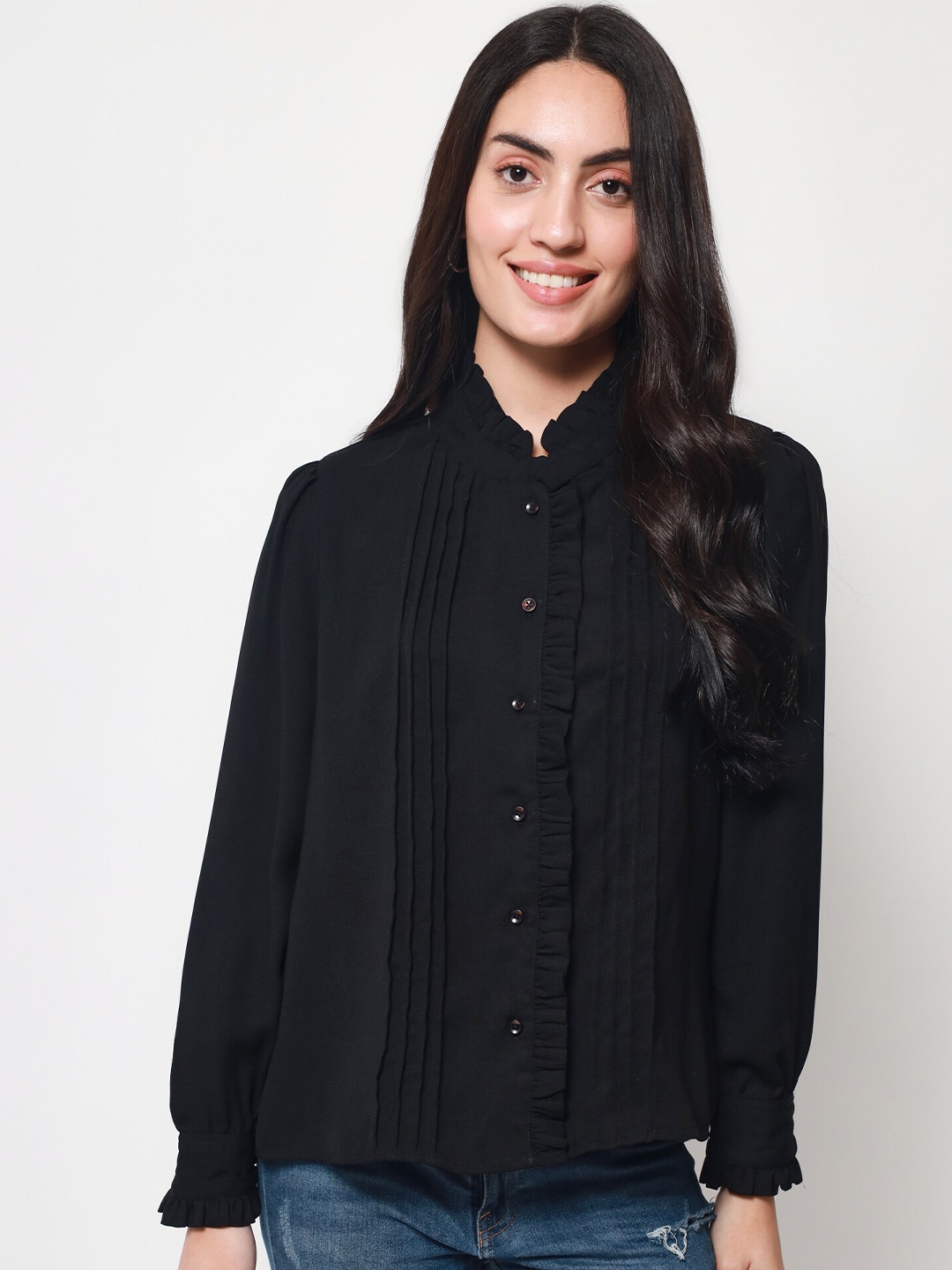 

Beatnik Women Pleated Casual Shirt, Black