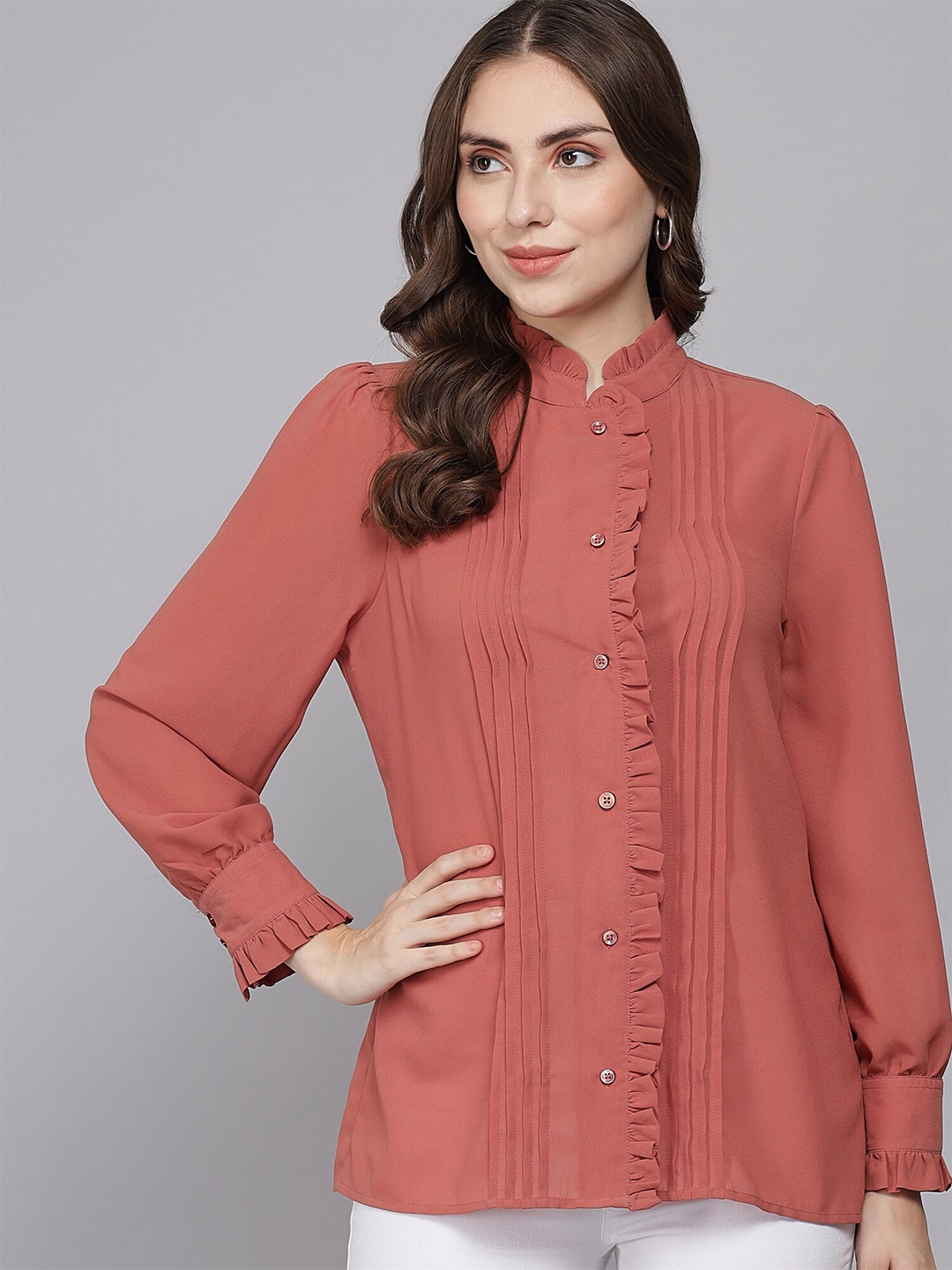 

Beatnik Women Pleated Casual Shirt, Peach