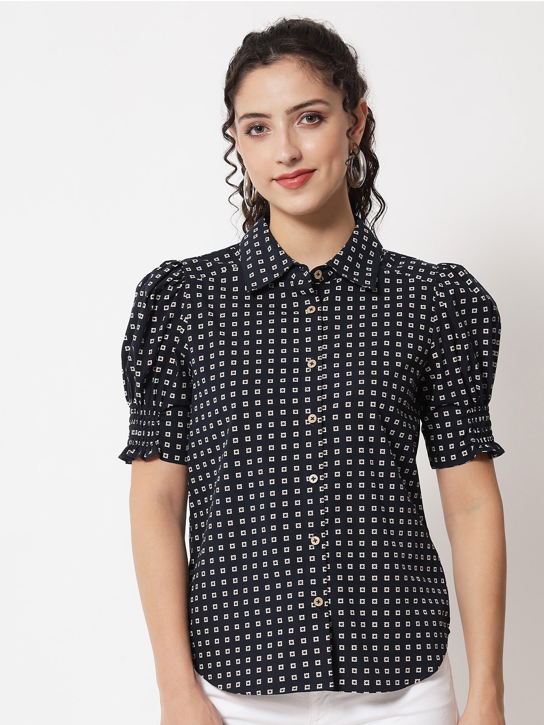 

Beatnik Women Printed Casual Shirt, Navy blue