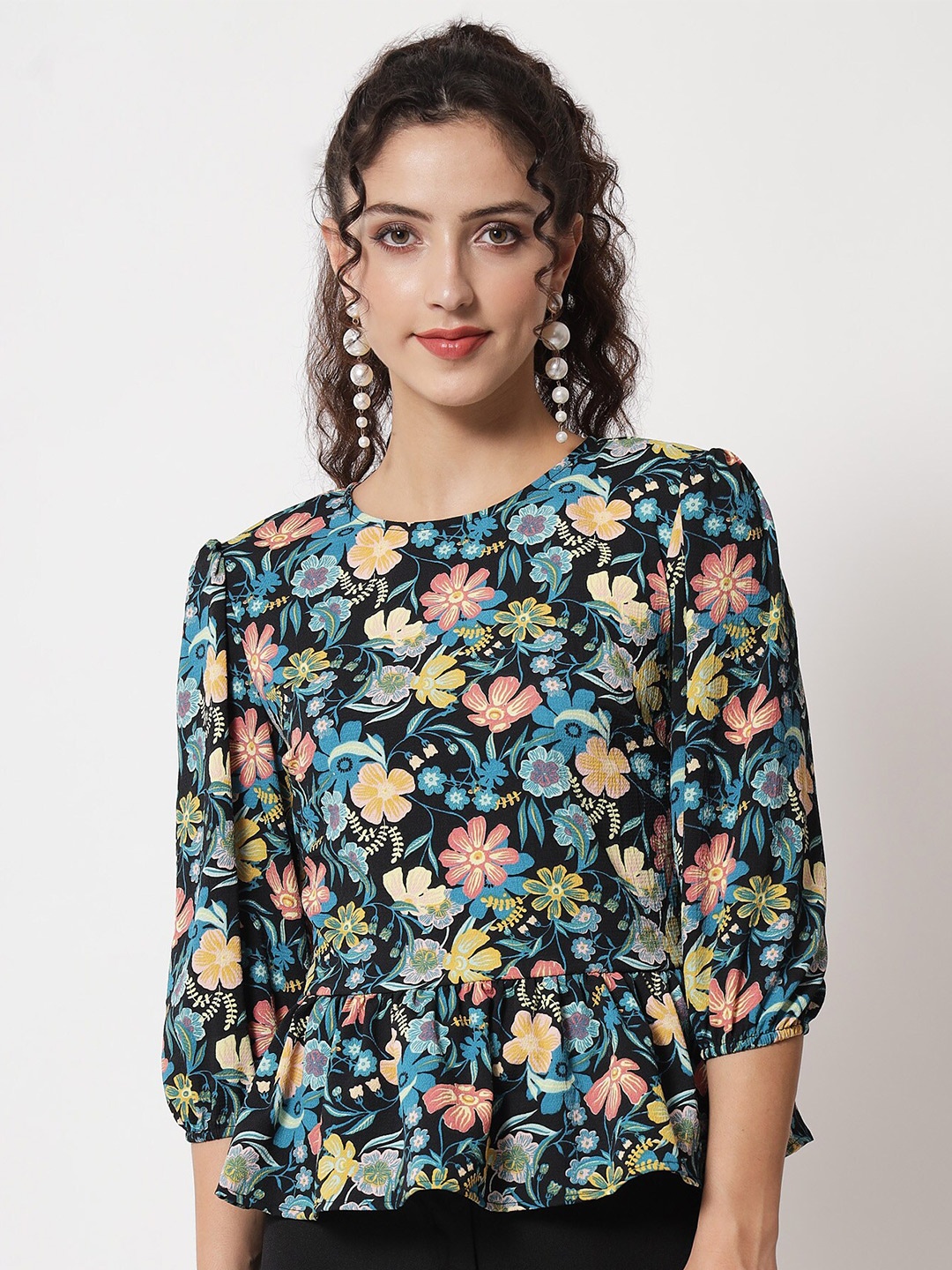 

Beatnik Floral Printed Peplum Top, Black