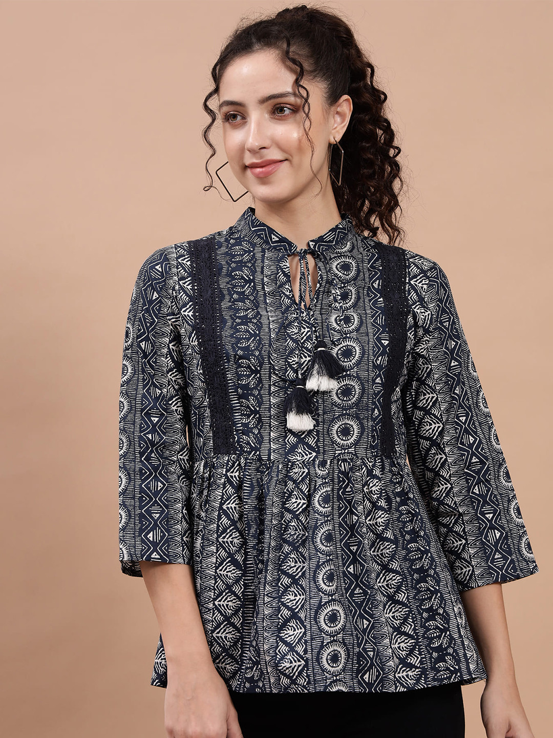 

Beatnik Printed Tie-Up Neck Top, Navy blue