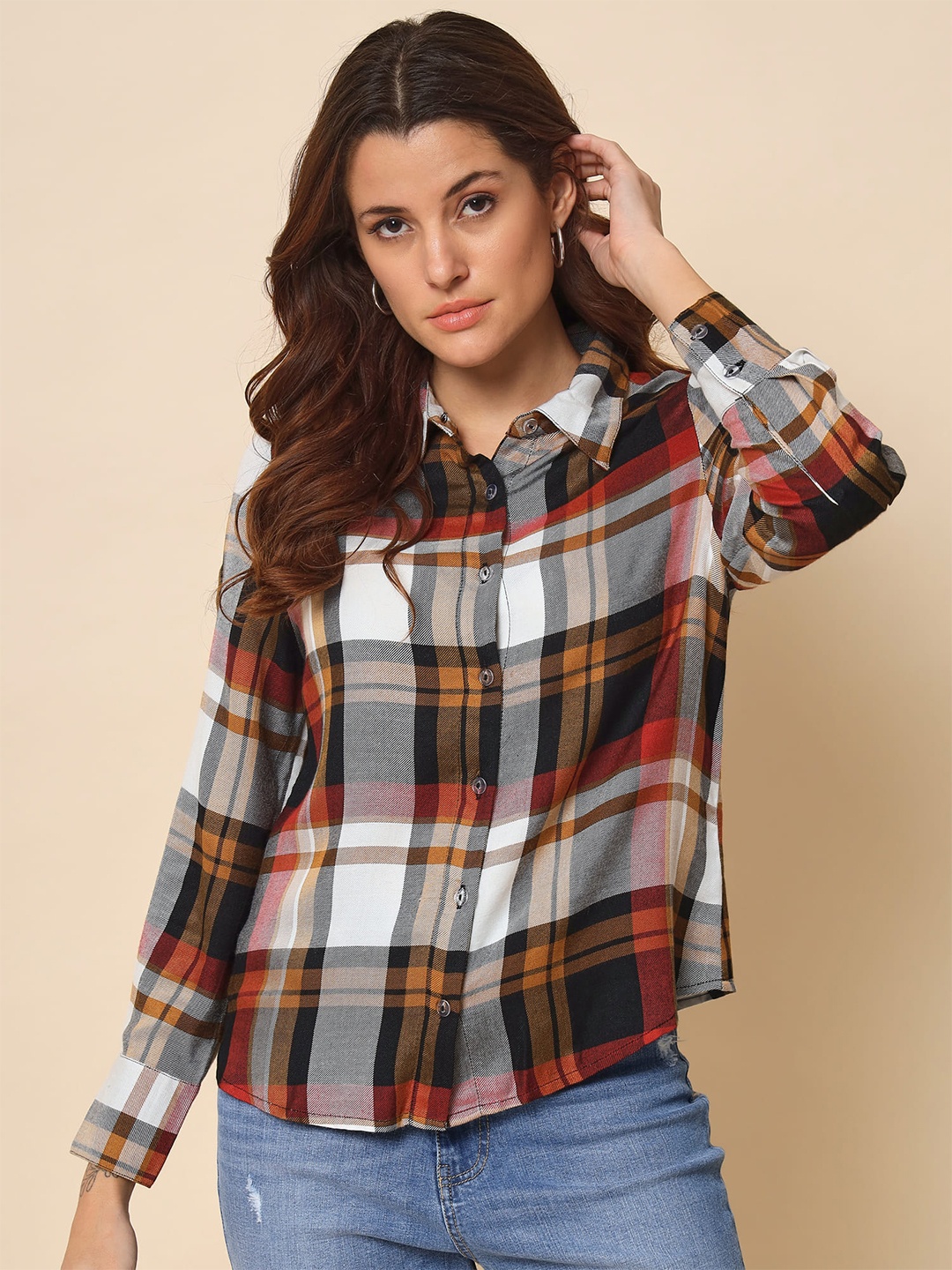 

Beatnik Women Tartan Checked Casual Shirt, Maroon