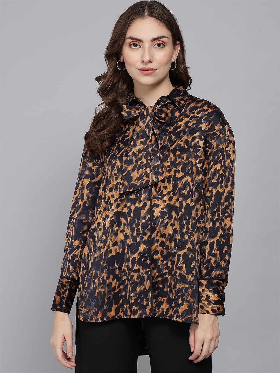 

Beatnik Women Animal Printed Satin Casual Shirt, Orange