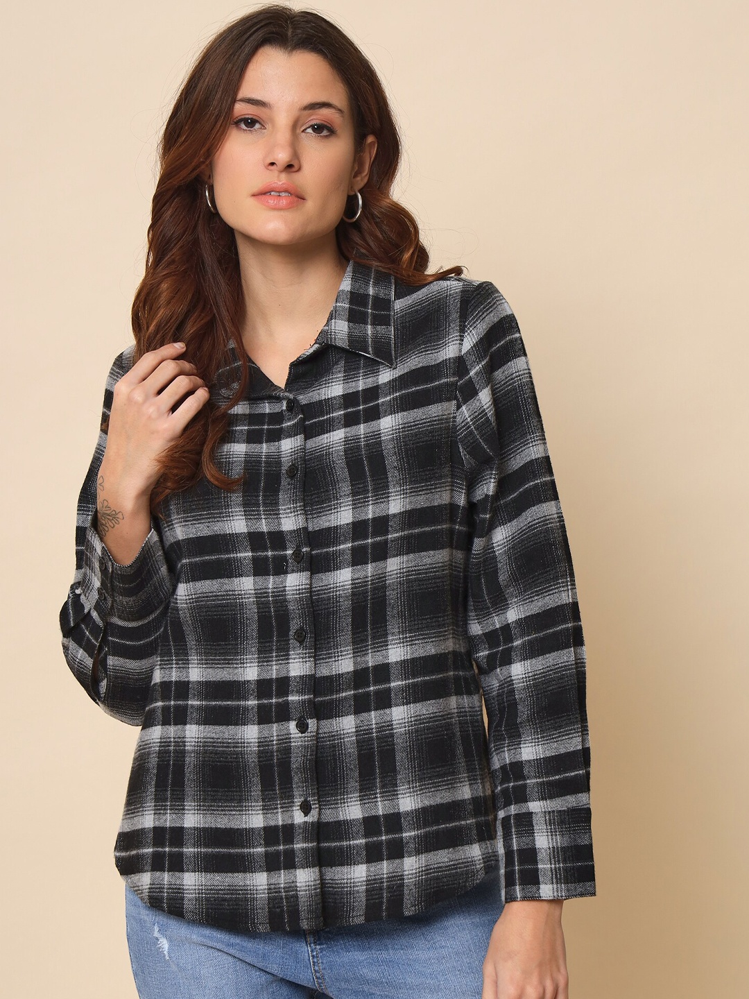 

Beatnik Women Tartan Checked Cotton Casual Shirt, Black