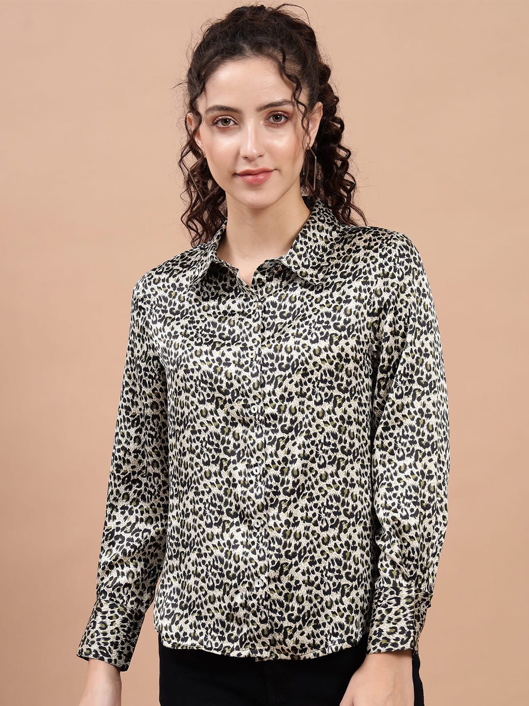 

Beatnik Women Animal Printed Satin Casual Shirt, Olive