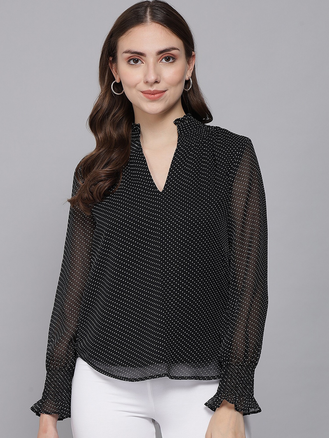 

Beatnik Polka Dot Printed Top, Black