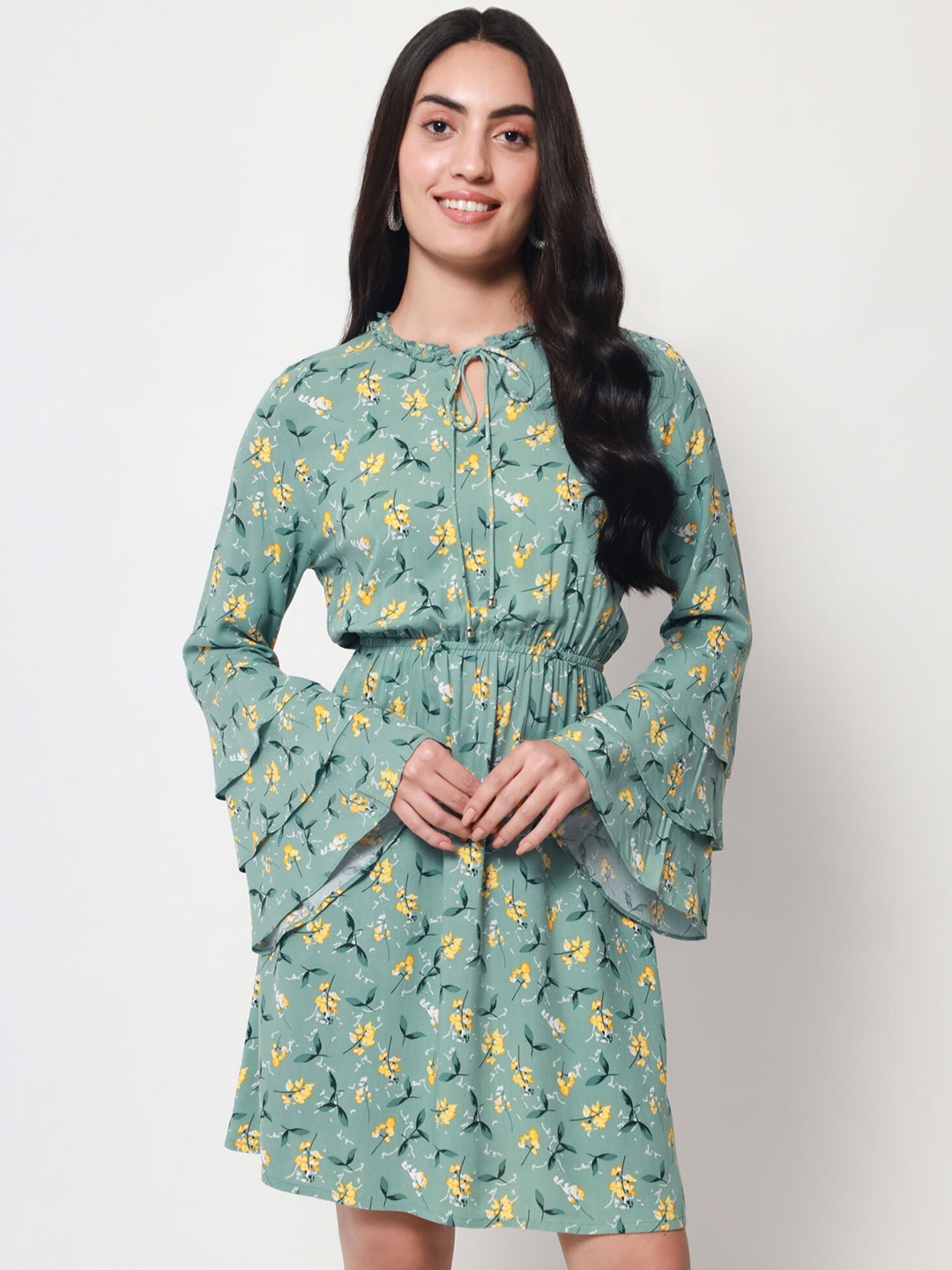

Beatnik Floral Printed Tie-Up Neck Dress, Sea green