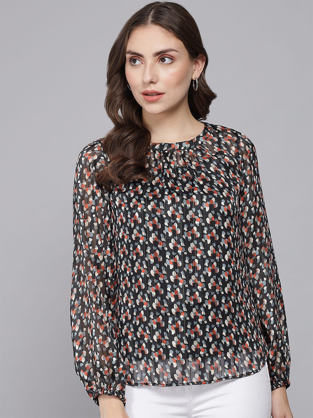 

Beatnik Floral Printed Top, Black