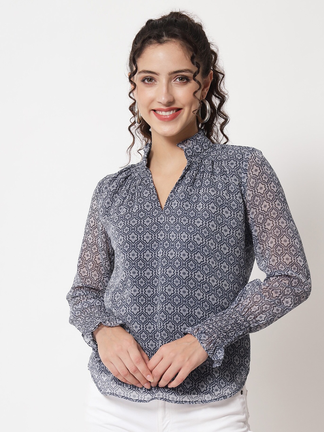 

Beatnik Ethnic Printed Top, Navy blue