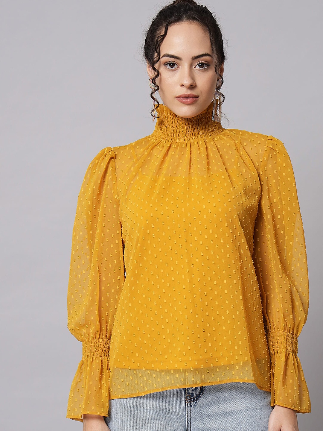 

Beatnik High Neck Bell Sleeves Top, Mustard