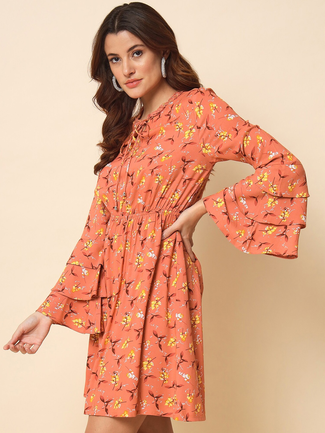 

Beatnik Floral Tie-Up Neck A-Line Dress, Orange