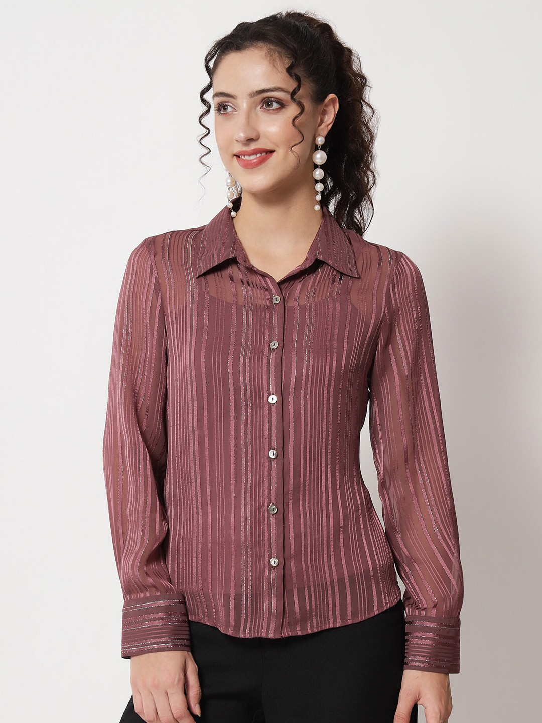 

Beatnik Women Striped Chiffon Casual Shirt, Purple