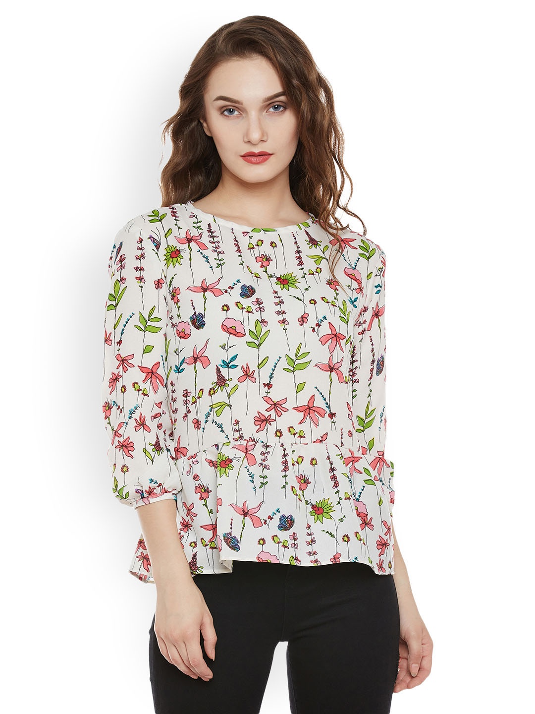 

Miss Chase Women White & Pink Floral Print Peplum Top