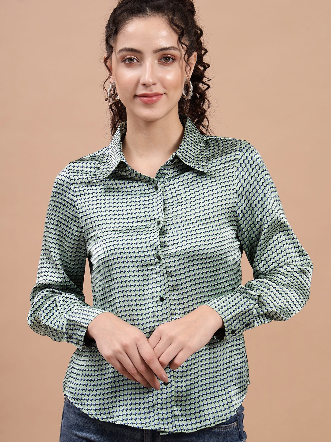 

Beatnik Women Printed Satin Casual Shirt, Green