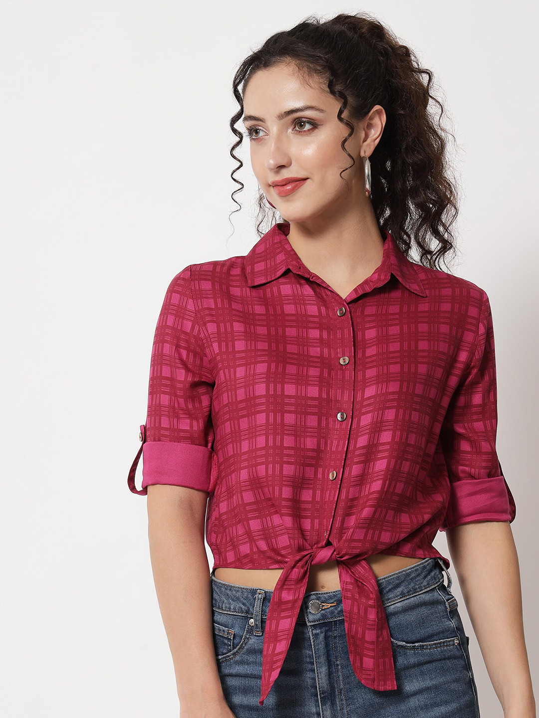 

Beatnik Women Tartan Checks Checked Cotton Casual Shirt, Magenta