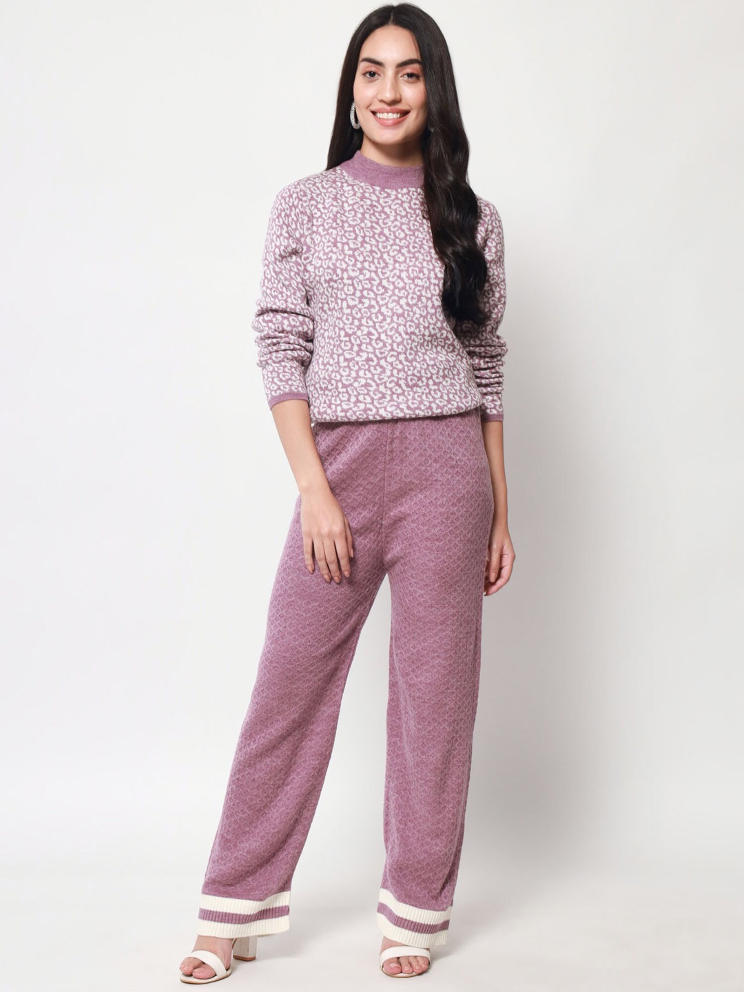 

Beatnik Women Self-Design Pure Wool Top & Trouser Co-Ords, Purple