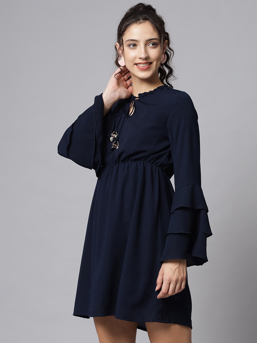 

Beatnik Tie-Up Neck A-Line Dress, Navy blue