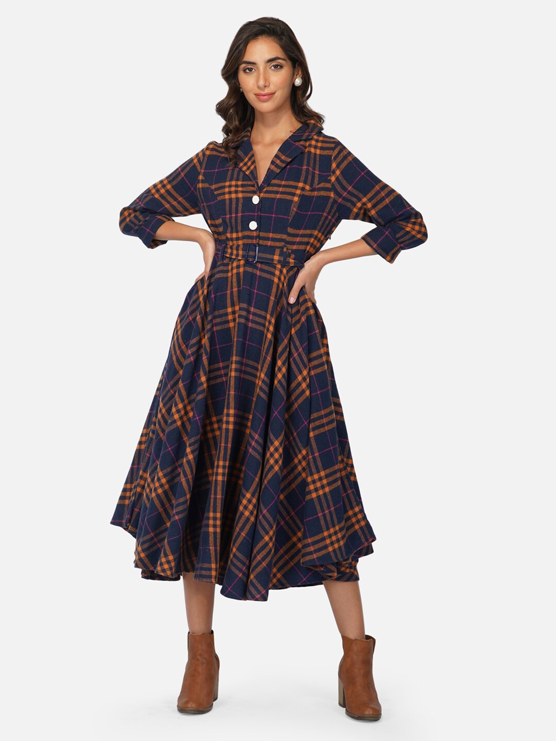 

Beatnik Checked Midi Dress, Navy blue