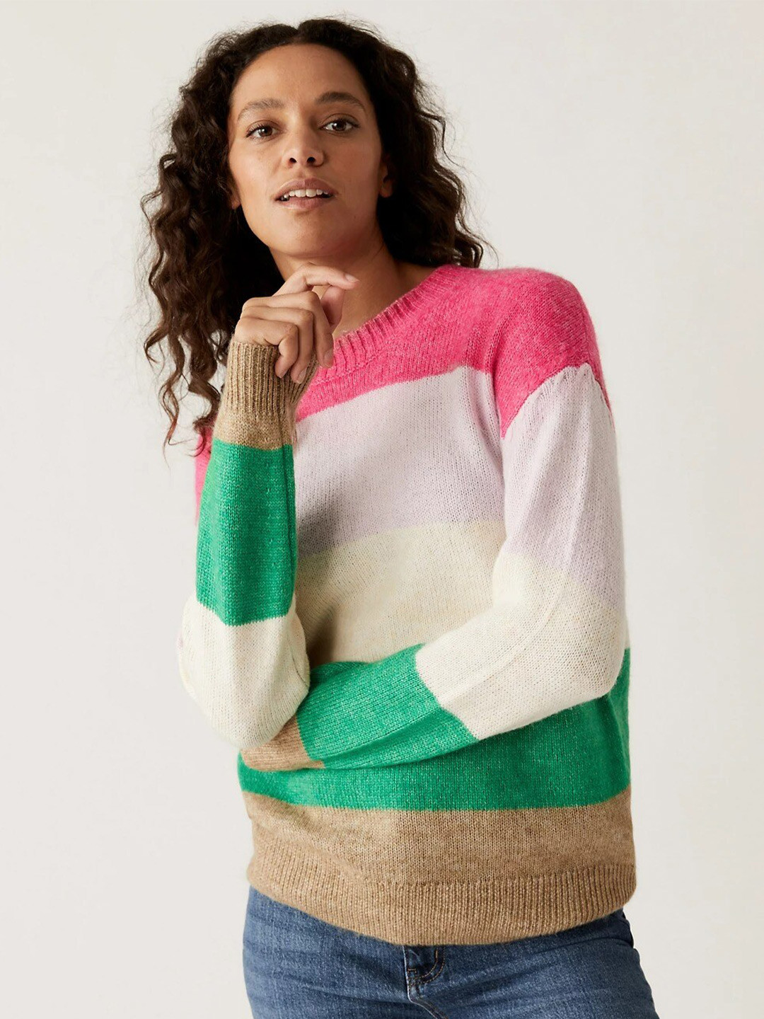 

Marks & Spencer Women Colourblocked Pullover, Pink